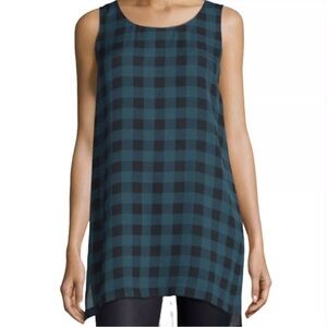Eileen Fisher Buffalo Check Printed Silk Plaid Scoop Neck Tunic Blue Black MP